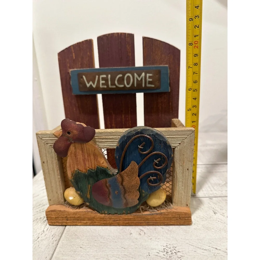Rustic Wooden Rooster Welcome Box Wall Pocket Farmhouse Decor Picket Fence Sign